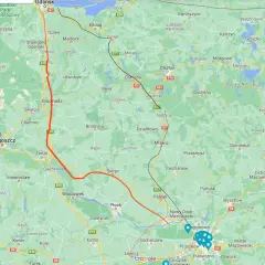 Mapa drogowa Polski z zaznaczoną trasą z Gdańska na południe.