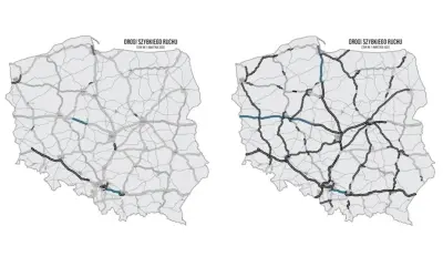 Dwie mapy Polski z zaznaczonymi drogami szybkiego ruchu.