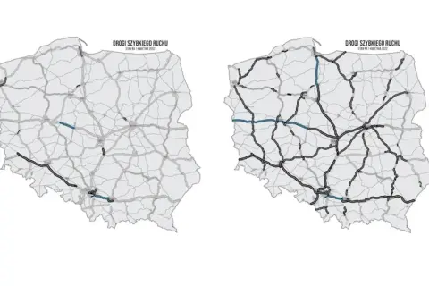 Dwie mapy Polski z zaznaczonymi drogami szybkiego ruchu.
