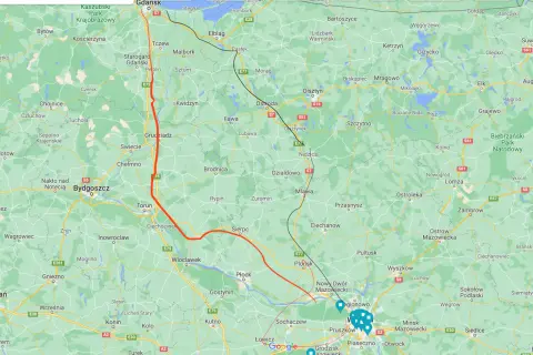 Mapa drogowa Polski z zaznaczoną trasą z Gdańska na południe.