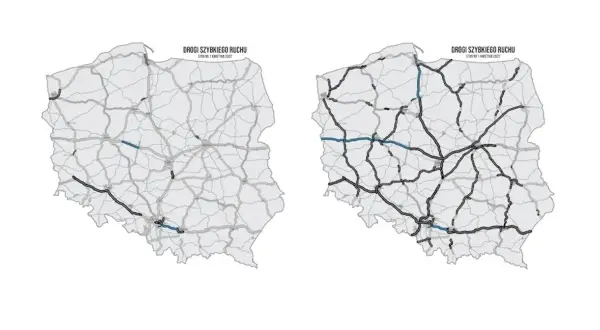 Dwie mapy Polski z zaznaczonymi drogami szybkiego ruchu.