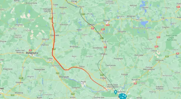 Mapa drogowa Polski z zaznaczoną trasą z Gdańska na południe.