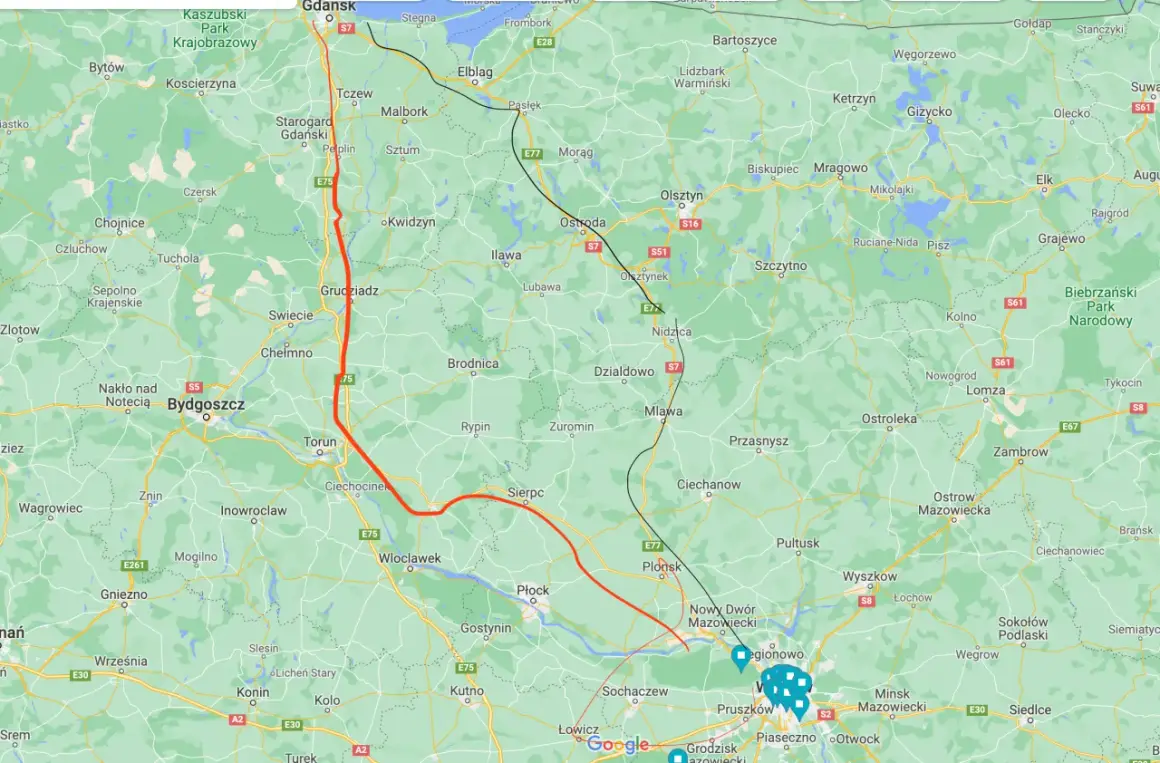 Mapa drogowa Polski z zaznaczoną trasą z Gdańska na południe.