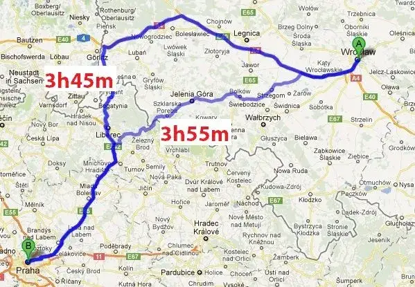 Mapa trasy Polska Praga przez Ostrawę