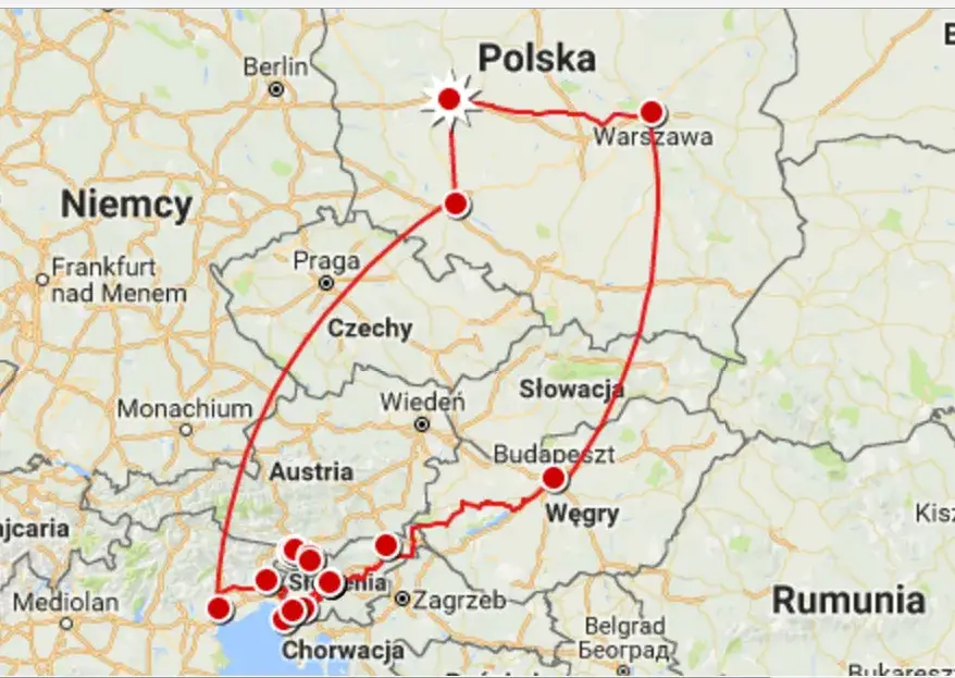 Mapa trasy Polska Zadar przez Słowację Węgry
