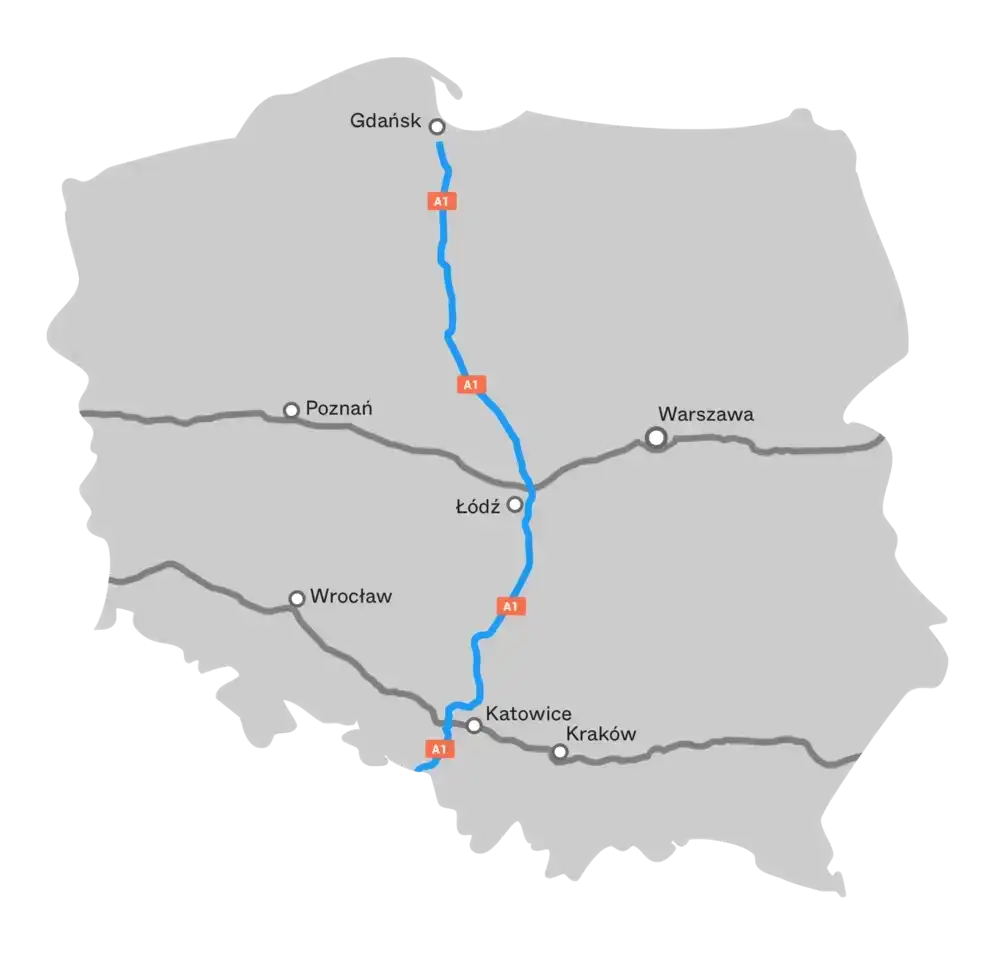 Mapa płatnego odcinka autostrady A1 Rusocin Nowa Wieś