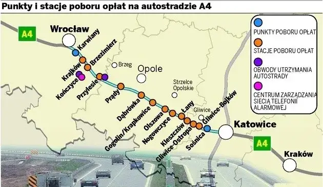 Mapa autostrady A4 Gliwice Wrocław z zaznaczeniem bezpłatnego odcinka