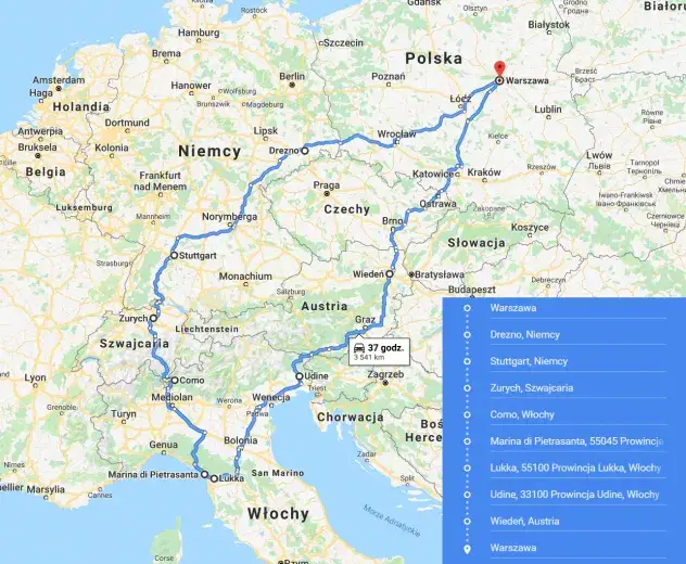 Mapa trasy Polska Niemcy Austria Włochy samochodem