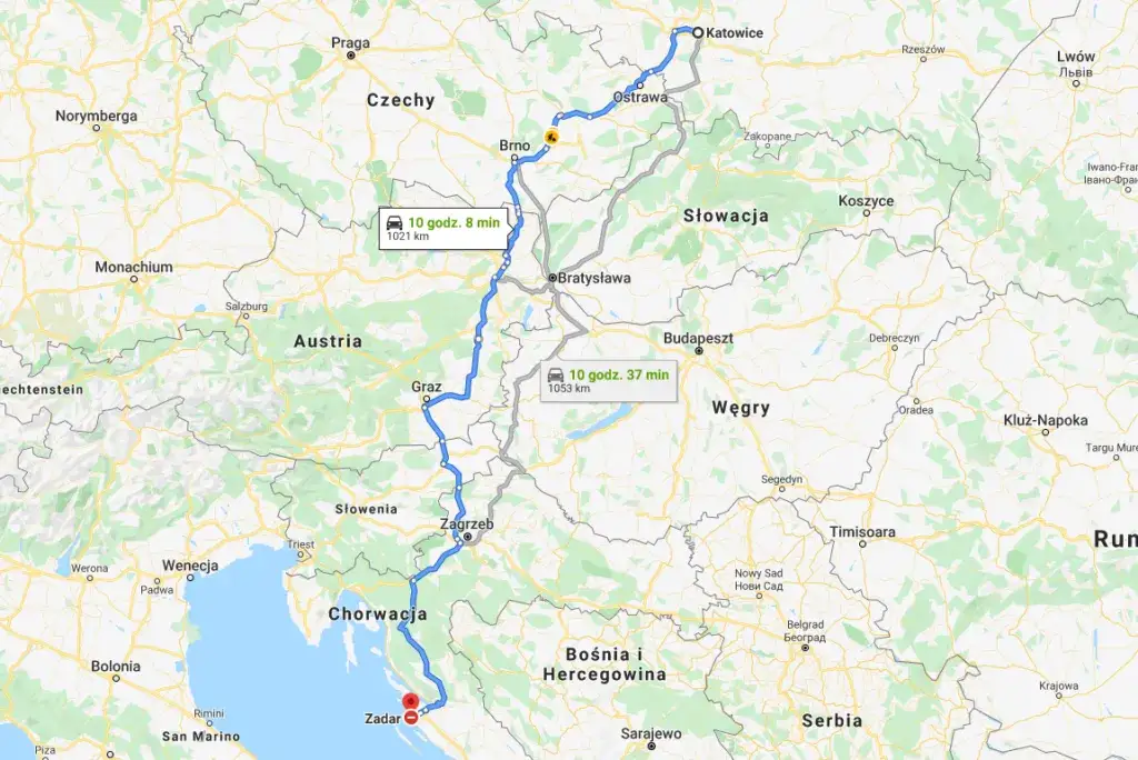Mapa trasy Polska Zadar przez Czechy Austrię Słowenię