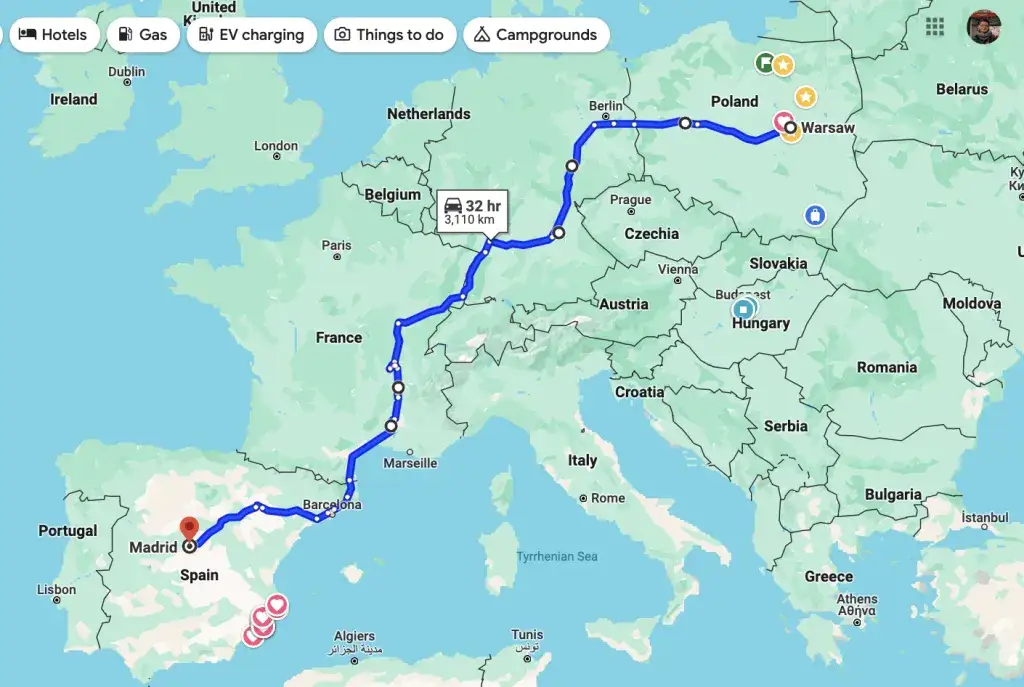 Mapa trasy Polska Niemcy Francja Hiszpania samochodem