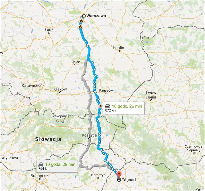 Mapa tras z Polski do Rumunii samochodem