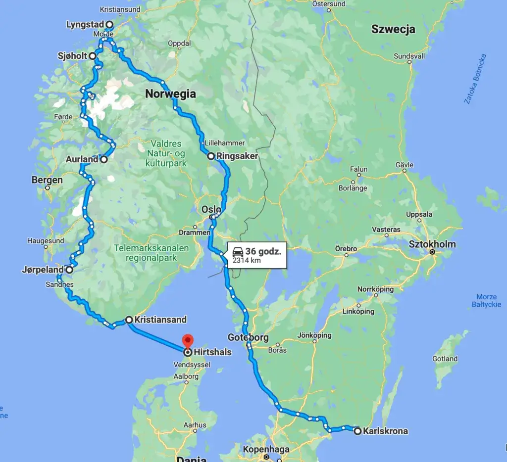 Mapa trasy Norwegia Polska samochodem prom
