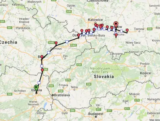 Mapa tras samochodowych Polska Wiedeń