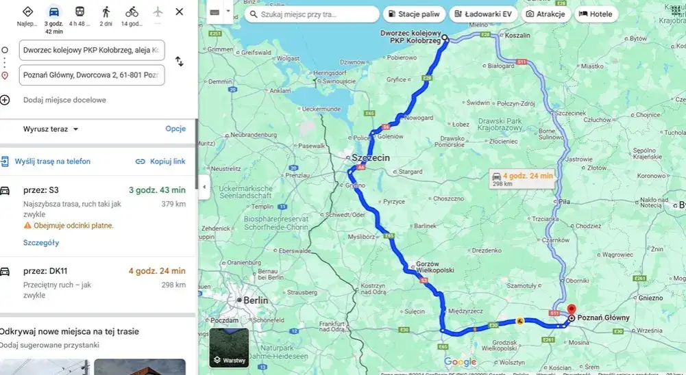 Mapa trasy Poznań Kołobrzeg z zaznaczoną DK11 i S3/S6