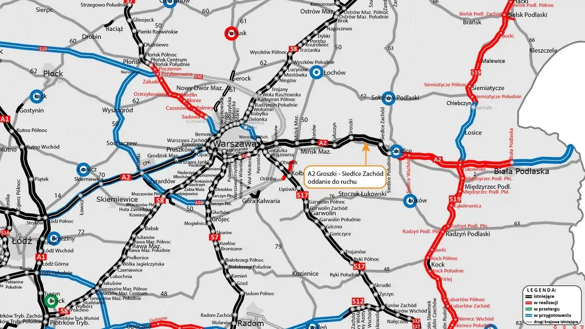 Mapa autostrady A2 odcinki bezpłatne GDDKiA