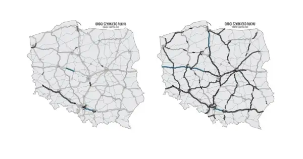 Dwie mapy Polski z zaznaczonymi drogami szybkiego ruchu.